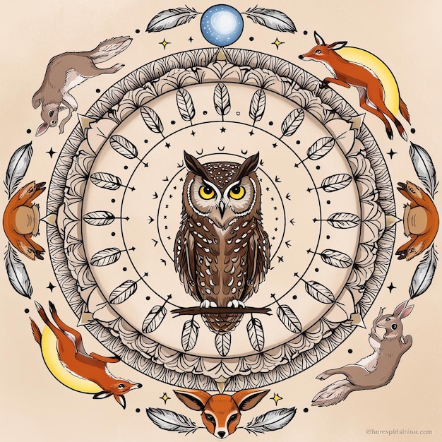 A mandala with different symbols representing various spiritual archetypes, such as an owl for the Sage, a heart for the Healer, a sword for the Warrior, and a paintbrush for the Artist. The mandala is colorful and intricate, symbolizing the interconnectedness of all archetypes.