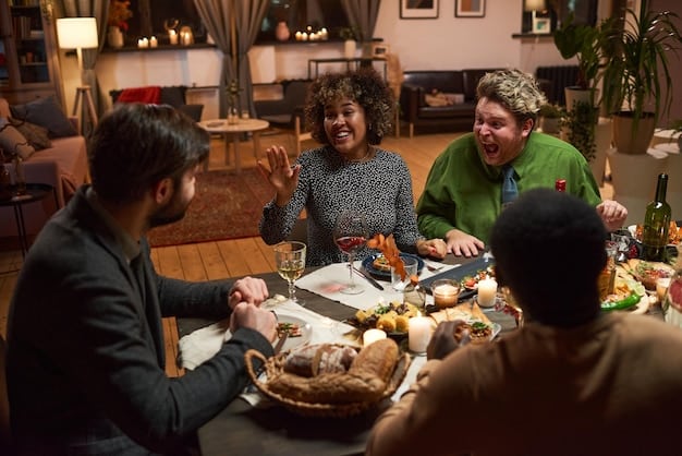 A group of diverse people gathered around a table, sharing a meal and smiling at each other. Warm lighting and a cozy atmosphere suggest a sense of community, connection, and shared gratitude.