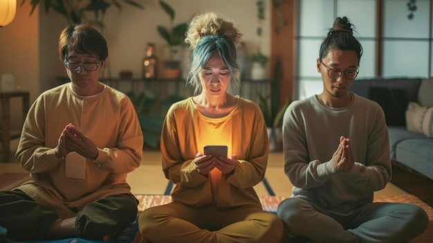 A diverse group of people participating in a guided meditation session in a bright, modern studio in the US. The instructor is leading them with a calm voice, and the participants are sitting comfortably on cushions, with their eyes closed and peaceful expressions.