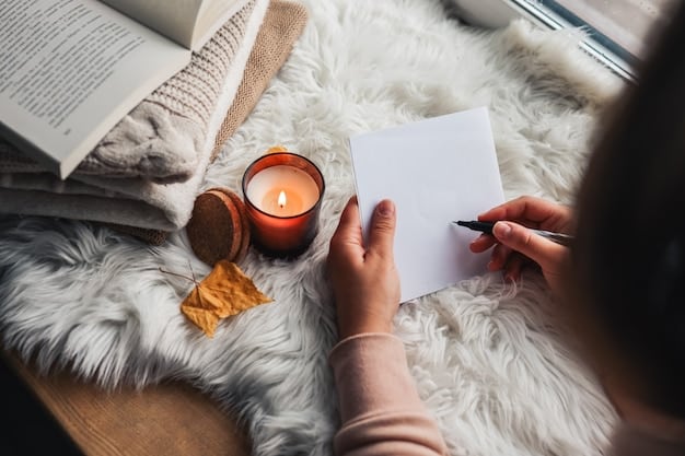 A serene and inviting journaling space set up with a comfortable cushion, a lit candle, a journal, and a pen. Soft, natural light filters into the space, creating a peaceful and contemplative atmosphere.