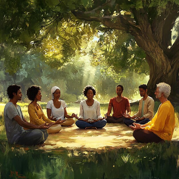 An image depicting a diverse group of people meditating together in a serene setting. The focus is on the sense of community and shared spiritual journey, suggesting the inclusive nature of spiritual mentorship and the importance of mutual support.