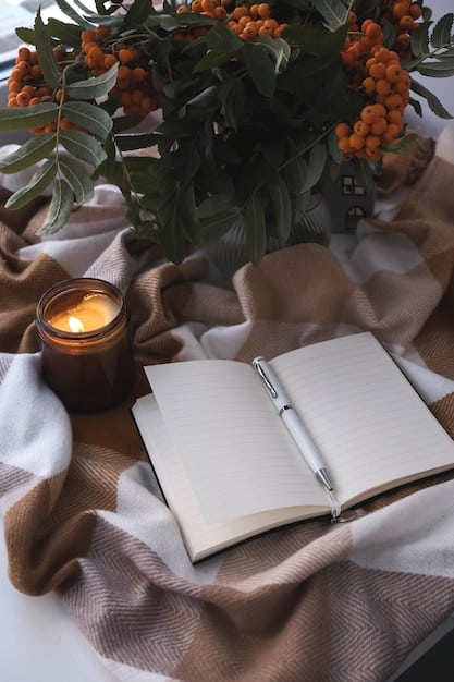 A close-up of a dream journal and pen on a wooden desk, surrounded by crystals and candles, with a soft, natural light streaming in from a nearby window.