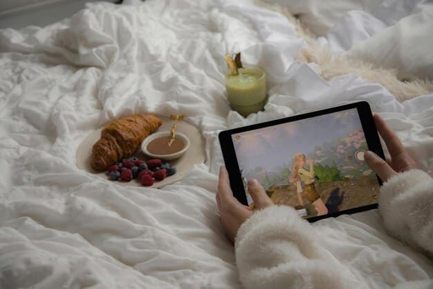 A digital tablet displaying a dream journal app, with various dream symbols and themes categorized and analyzed, set against a backdrop of a softly lit bedroom.