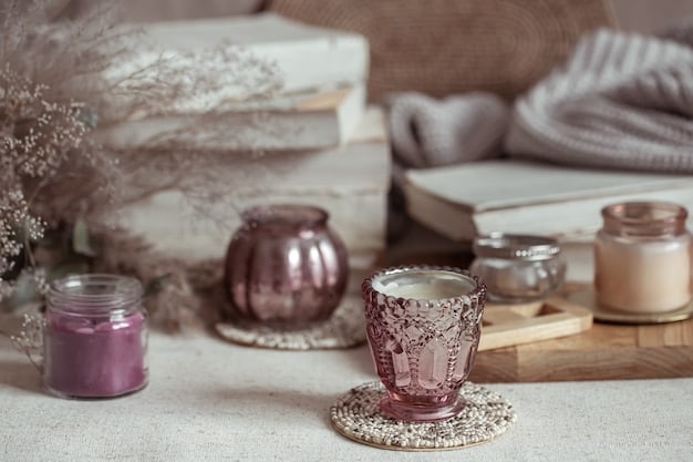 A well-lit room with various elements engaging the senses: aromatherapy diffuser, candles, soft cushions, and a cup of herbal tea on a small table.
