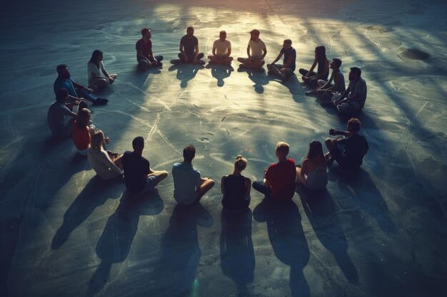 A group of people meditating together in a circle, holding hands, bathed in sunlight, symbolizing collective consciousness and unity.