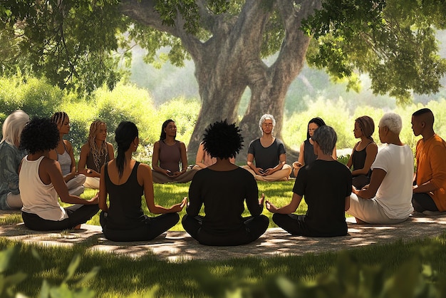 A diverse group of people meditating together in a peaceful setting, representing the universal aspect of spirituality and the shared human experience.