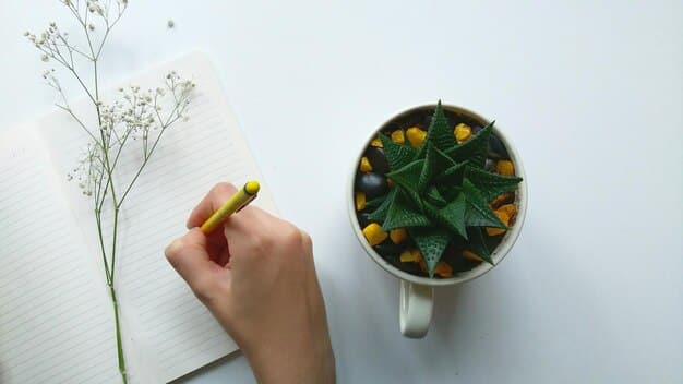 A person writing in a gratitude journal at a desk with a cup of tea and a small plant, depicting a peaceful, reflective moment.