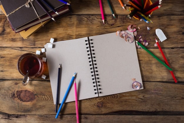 A top-down view shows a journal spread open with various pens and pencils scattered around it. Post-it notes with handwritten prompts adorn the pages, inspiring creative writing and self-reflection.