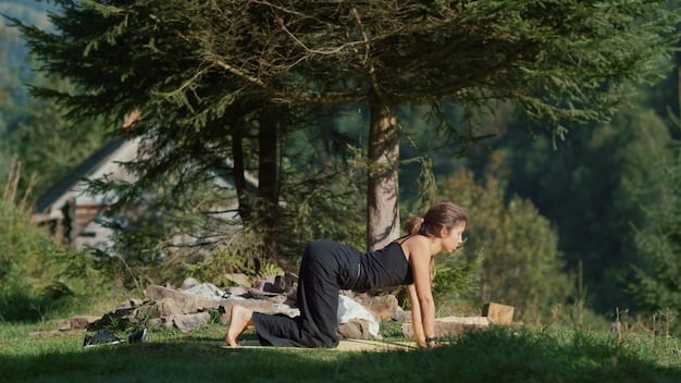 A person in a yoga position surrounded by nature. They are deep in meditation near a waterfall, radiating a strong sense of well-being and balance. The soft light filters through the trees, highlighting their serene expression.