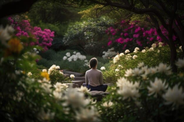 A person meditating in a peaceful garden, surrounded by blooming flowers and lush greenery, symbolizing inner peace, spiritual growth, and the healing power of nature.