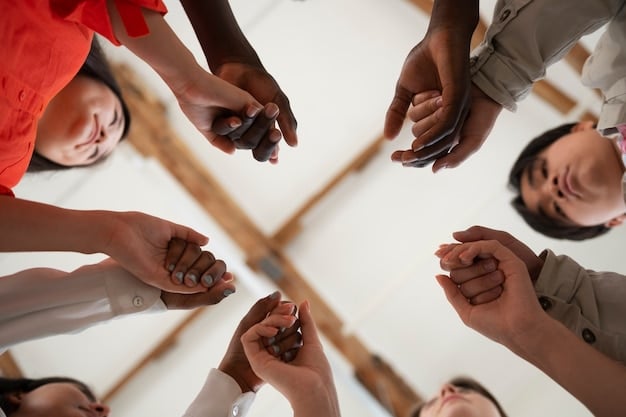 A diverse group of people holding hands in a circle, smiling and looking at each other, symbolizing unity, forgiveness, and the power of positive connections in fostering spiritual growth.