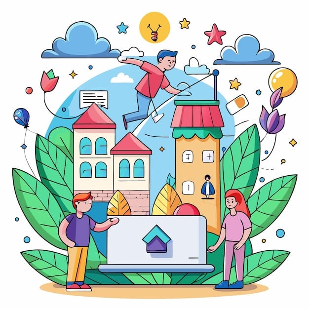 A colorful illustration depicting various dream symbols like houses, animals, and people, all connected by a web of light. This visual represents the interconnectedness of dream elements and the potential for interpretation.