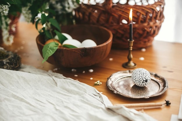 A close-up shot of a small altar in a home. On the altar are crystals, a burning candle, a small statue of Buddha, and a feather. Soft, natural light illuminates the altar, creating a warm and inviting atmosphere.