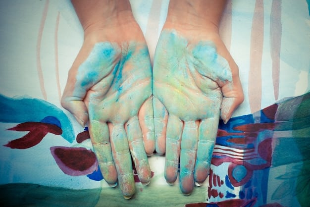 A close-up of hands painting on a canvas with vibrant colors, symbolizing the act of creation as a meditative and spiritual experience. The hands are focused and the colors are blended harmoniously.