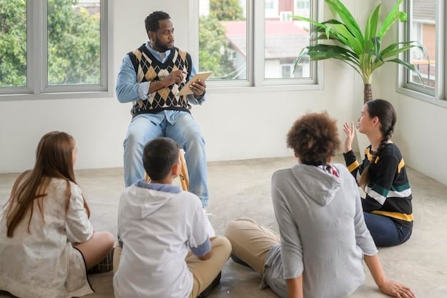 A diverse group of people sitting in a circle, engaged in a spiritual discussion with their mentor, illustrating a community-based approach to mentorship.