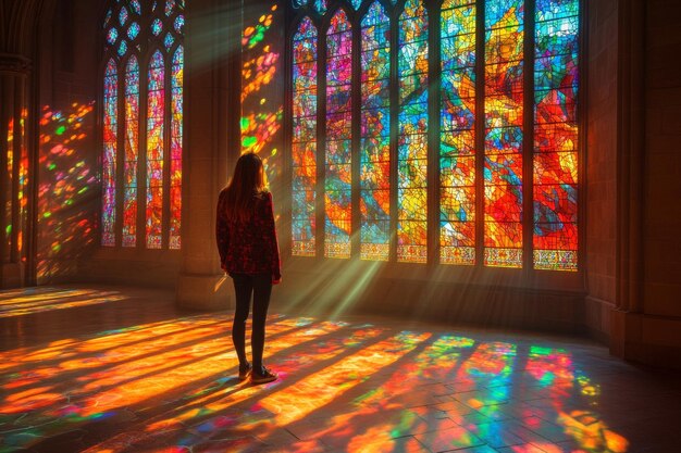 Sunlight streaming through a stained-glass window in a church, symbolizing hope, inspiration, and the presence of something greater.