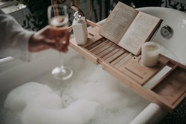 A person taking a relaxing bath with essential oils and candles, creating a peaceful and calming atmosphere that promotes relaxation and stress reduction.