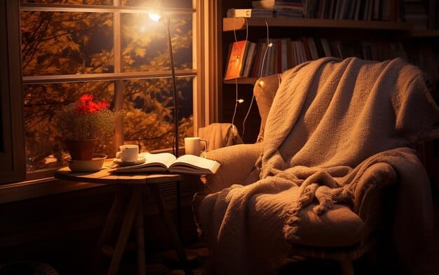 A cozy and inviting reading nook with a comfortable armchair, soft blanket, books, and a warm lamp. The scene suggests relaxation, tranquility, and a space for personal reflection.