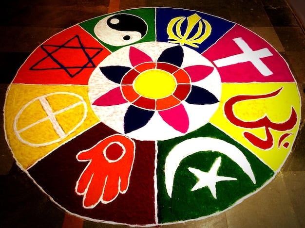 A collage of diverse spiritual symbols, including a lotus flower, a cross, a yin-yang symbol, a star of David, and a Om symbol, each representing different spiritual traditions and beliefs. The symbols are arranged in a harmonious and colorful manner.