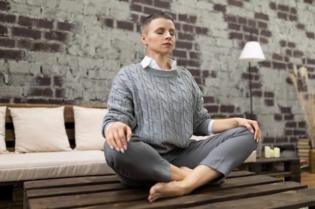 A person sitting in a comfortable meditation posture, eyes closed, hands resting gently on their knees, with a peaceful expression. The background is a soft, blurred image of a natural setting, such as a forest or a beach.