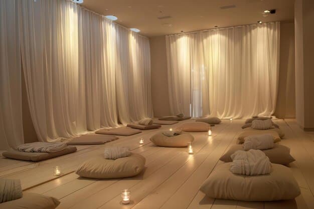 A quiet meditation space with a cushion, soft lighting, and minimal distractions, emphasizing serenity and focus.