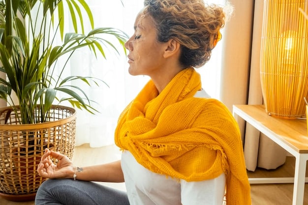 A person smiling serenely after a meditation session, conveying a sense of peace and well-being.