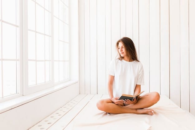 A person sitting in a comfortable, minimalist meditation space, with soft natural light filtering through a window, meditating and holding a serene pose.