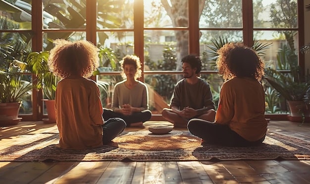 A diverse group of people meditating together in a circle, holding hands. The setting is a sunlit room with plants, symbolizing unity and interconnectedness.