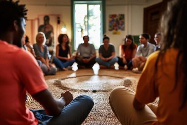 A diverse group of people participating in a guided meditation session, sitting in a circle, with a facilitator leading them.
