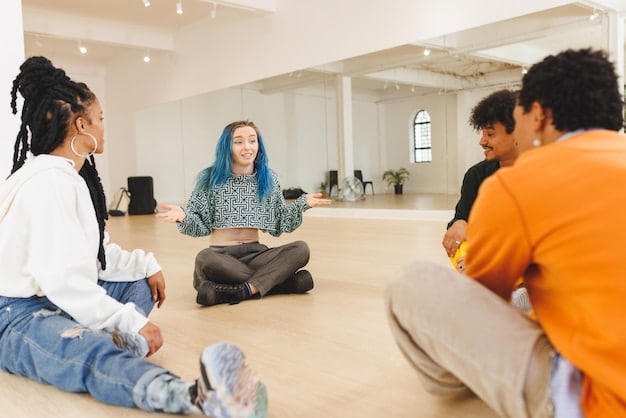 A group of diverse people sitting in a circle, meditating together in a bright and airy studio. They are all smiling gently, exuding a sense of peace and unity. Soft, diffused light illuminates the scene, enhancing the feeling of harmony.
