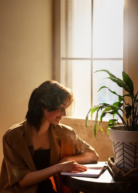 A person journaling after a meditation session, with sunlight streaming through the window, symbolizing the act of recording and interpreting intuitive insights gained during meditation.