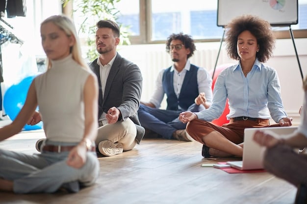 A diverse group of professionals in a modern office setting, participating in a guided meditation session together, with serene expressions and closed eyes, guided by an instructor.