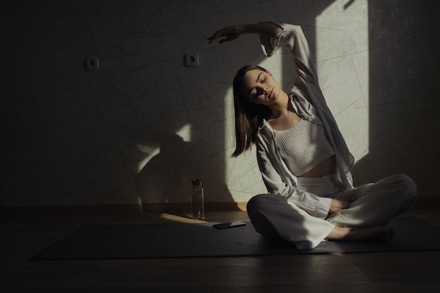 A person practicing deep breathing exercises in a dimly lit room. They are sitting comfortably on a meditation cushion, eyes closed, with hands resting gently on their knees. The air is filled with a soft, diffused light, and the scene exudes a sense of calm and focus.