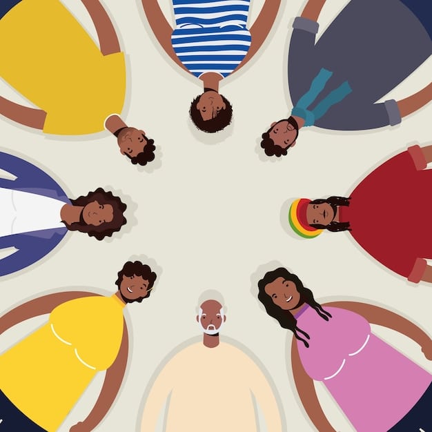 A diverse group of people sitting in a circle, holding hands, and smiling at each other. The scene conveys a sense of unity, support, and positive energy, symbolizing the benefits of loving-kindness meditation on relationships.