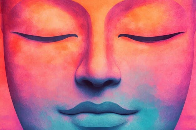A close-up of a person meditating, eyes closed, with colorful abstract shapes and patterns subtly overlaid on their face, symbolizing the visualization process. The background is a calming, blurred nature scene.