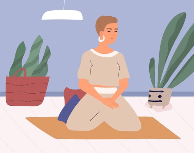 A person sitting in a quiet room, eyes closed, hands resting on their knees in a receptive posture, practicing body scan meditation with a gentle smile on their face.