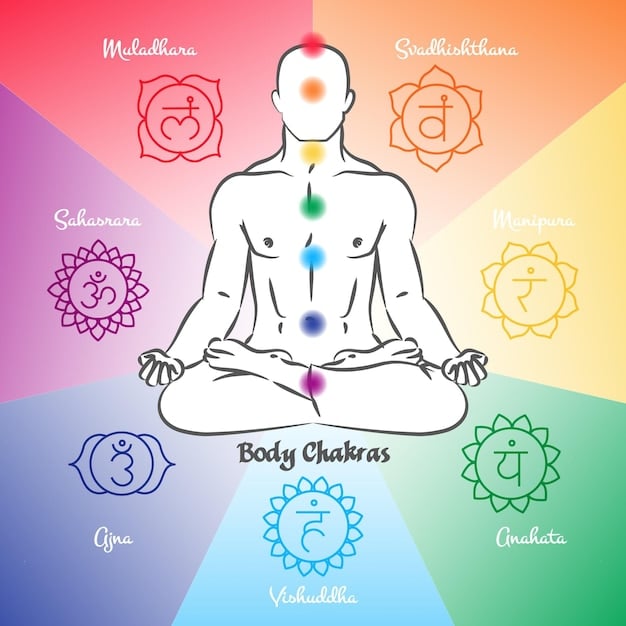 A graphic representation of the seven chakras, each depicted with its respective color and symbol, aligned along a human silhouette.