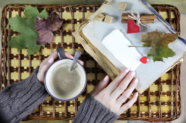 A person writing in a gratitude journal with a pen, surrounded by plants and a cup of tea, creating a cozy and mindful atmosphere.