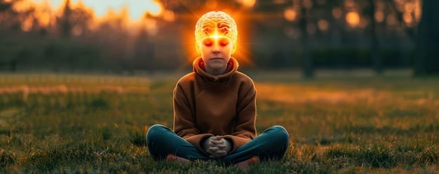 A person sitting in a mindful meditation pose with glowing brain activity.