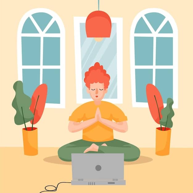 A person sitting comfortably in a quiet room, meditating with eyes closed and hands resting gently on their lap, creating a peaceful atmosphere.