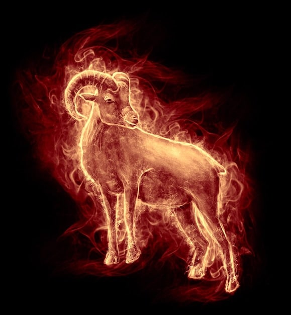 A dynamic illustration of the Aries zodiac symbol (the Ram) charging forward. The background features fiery colors like red, orange, and yellow, symbolizing Aries’ energetic and passionate nature.