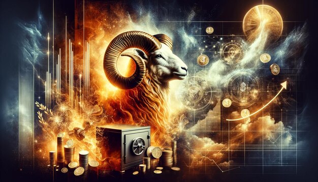 A dynamic image showing an Aries individual (represented by the ram symbol) confidently striding forward while financial charts and graphs rise in the background, suggesting growth and ambition.