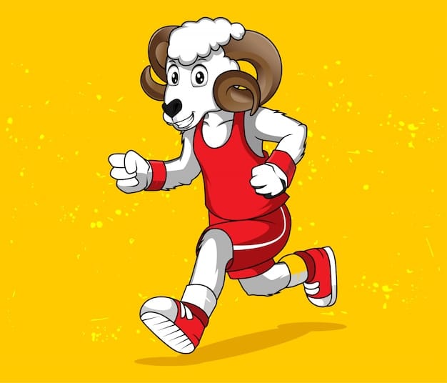 A stylized illustration of the Aries zodiac symbol (Ram) with elements representing physical activity such as running shoes and a sports drink.
