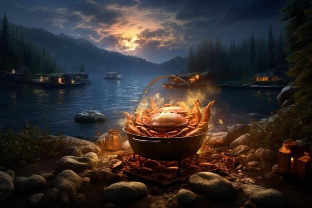 A serene scene depicting a Cancer zodiac sign (Crab) symbol near a calm lake at sunset, with elements symbolizing emotional balance and nurturing activities like yoga and cooking healthy meals.