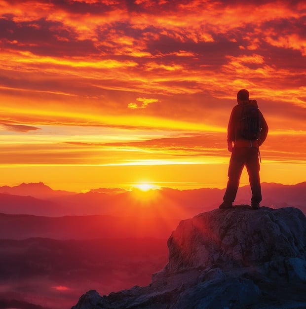 A dynamic shot of someone hiking up a mountain peak with the sun rising in the background, representing the adventurous spirit of Aries.