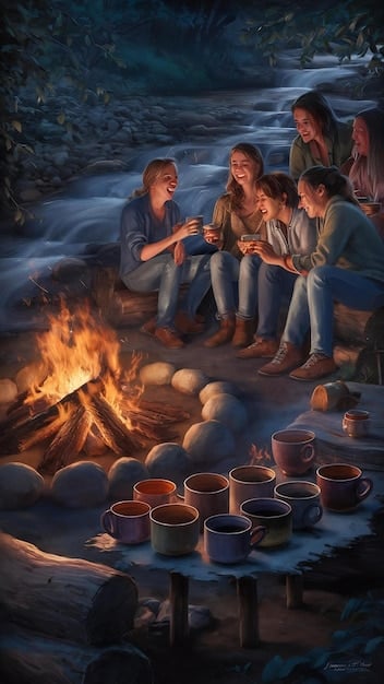 A heartwarming scene of a family gathered around a campfire on a beach, roasting marshmallows and sharing stories, representing the Cancer's love for family and nostalgia.