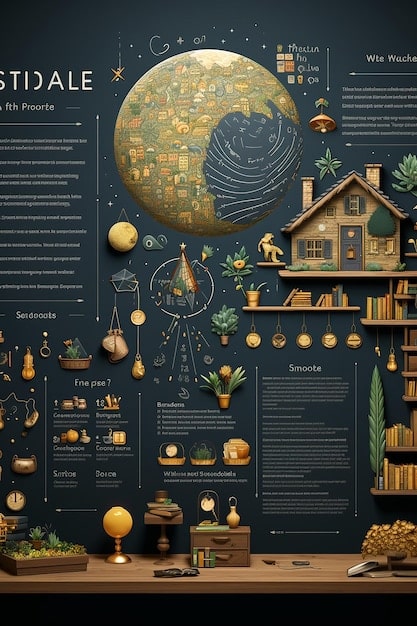 A detailed illustration of a natal chart, highlighting planets, signs, and houses, with annotations explaining how each element contributes to a person's astrological profile.