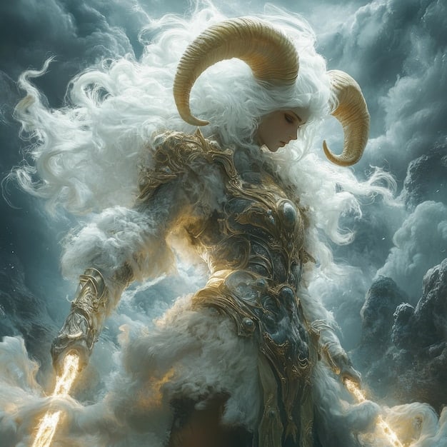 A determined Aries individual, depicted as a strong, confident figure, charging forward with a ram's horns helmet, symbolizing their courage and initiative. The background is a dynamic landscape of fiery reds and oranges, representing their passionate energy.