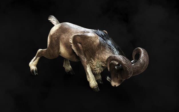 A dynamic depiction of Aries, represented by a ram, charging forward with determination against a backdrop of a fiery sunset, symbolizing the sign's courage and pioneering spirit in pursuing its life purpose.
