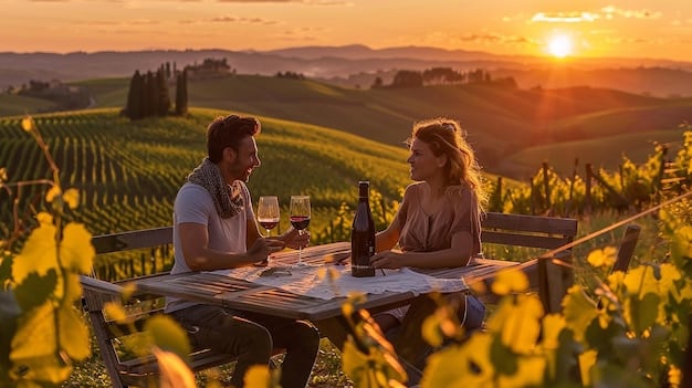 A serene image of a couple enjoying a gourmet meal at a vineyard in Tuscany, Italy, with rolling hills and a sunset in the background.